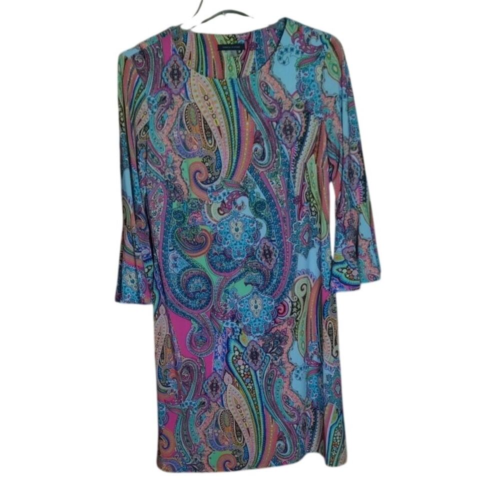 Tommy Hilfiger Women 8 Multicolored Paisley Bell Sleeve Knee Length Sheath Dress
